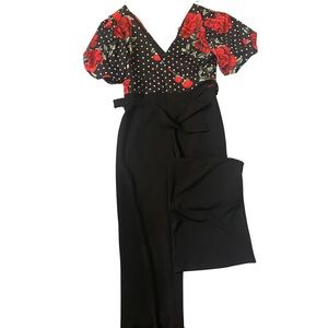 Versatile black/white Polk a dot red rose  wide leg jumpsuit